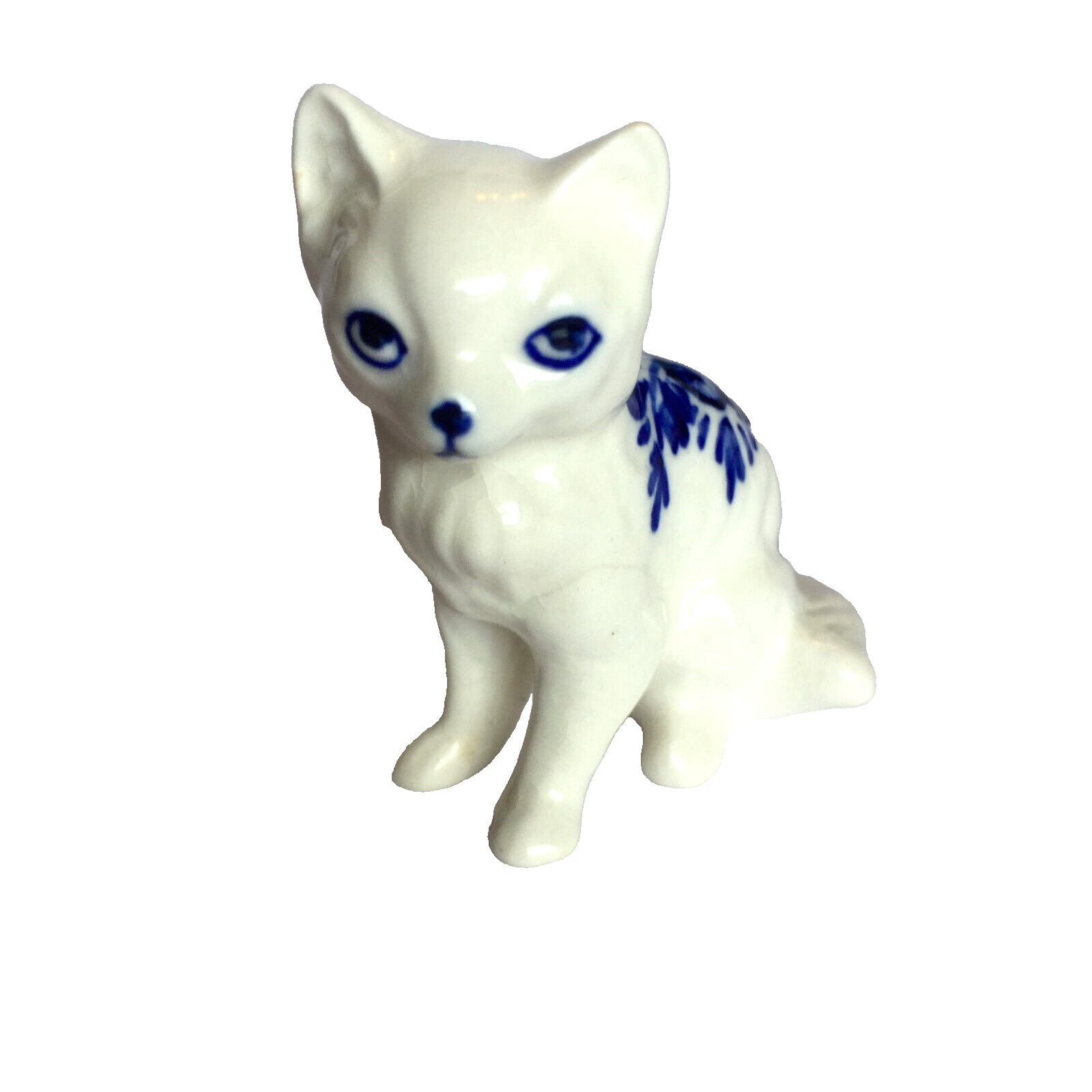 Cat/Kitten Figurine Ceramic Porcelain Miniature Blue and White Flowered Vintage