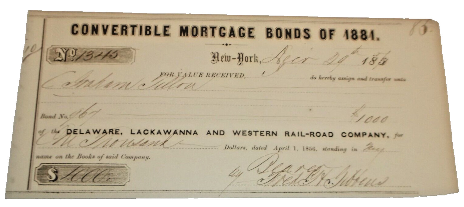 DECEMBER 1857 DELAWARE LACKAWANNA & WESTERN RAILROAD DL&W MORTGAGE BOND RECEIPT