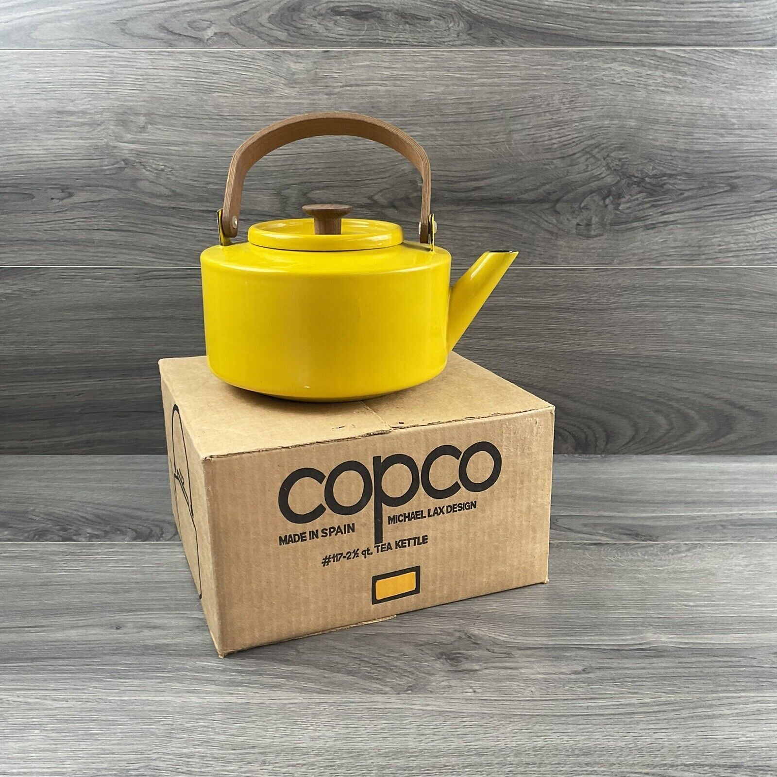 COPCO Tea Kettle Copco Yellow Kettle Metal Wooden Handle Made in Spain