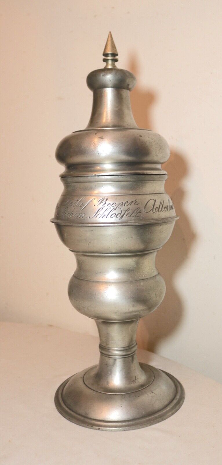 RARE LARGE antique 17th century German handmade forged pewter lidded urn jar 