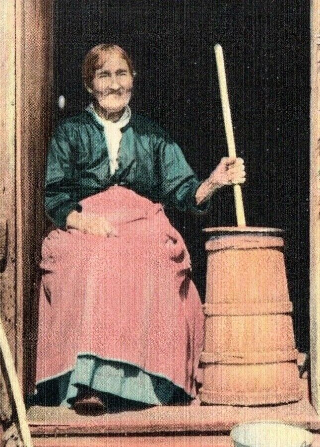 Appalachian Mountain Woman Churning Butter Chores  VTG Postcard Rural 