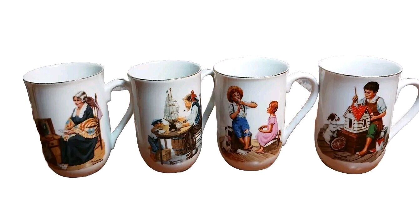 VINTAGE Norman Rockwell Museum Coffee Mug Collection White Gold Trim 1982 Set 4 