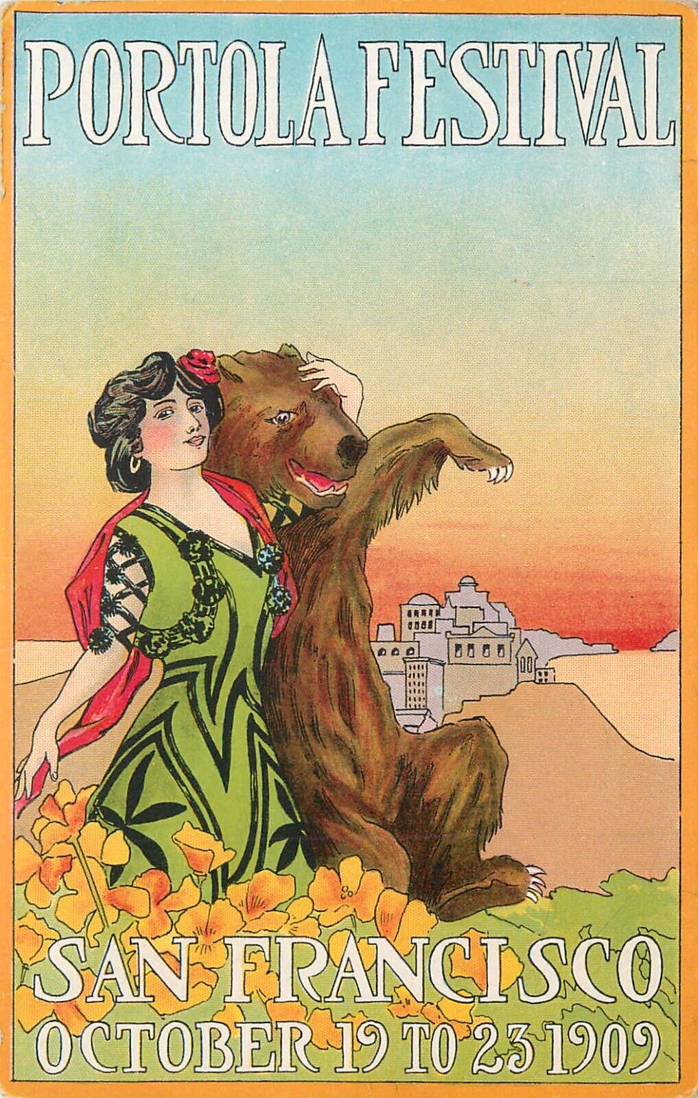 Postcard California Woman Embraces Bear San Francisco Portola Festival 1909