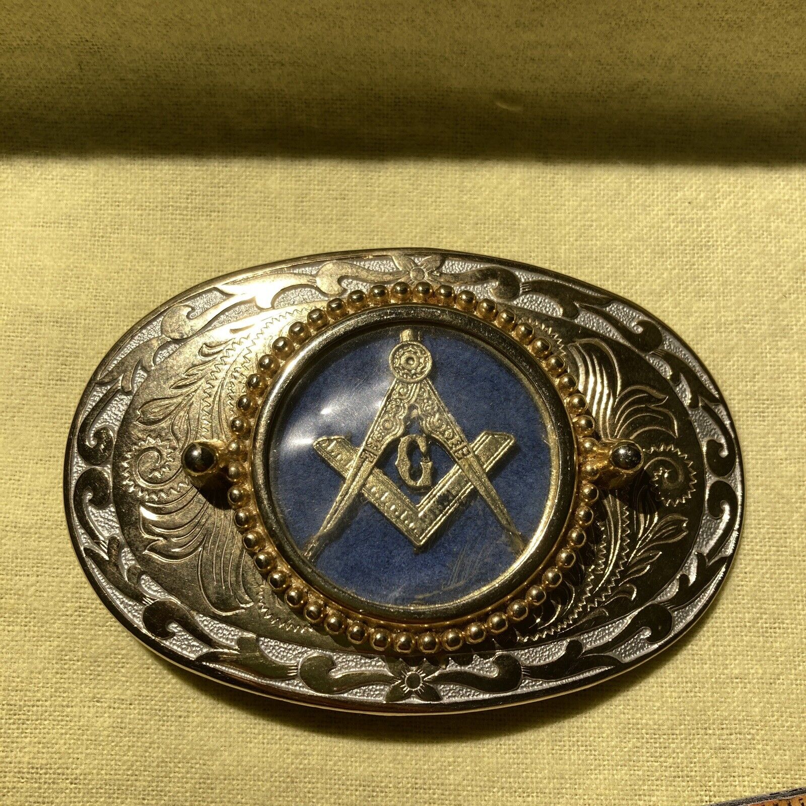 Masonic Cowboy Rodeo Western Large Belt Buckle Gold & silver 3-1/2 \'\