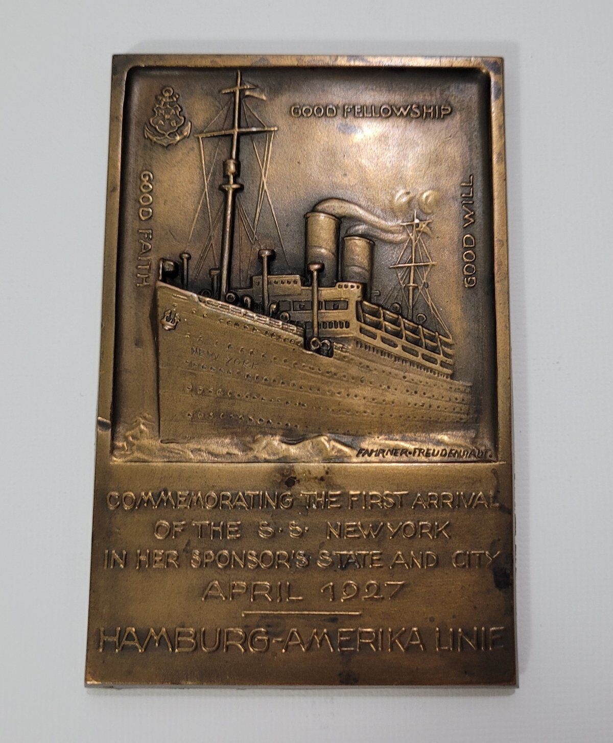 1927 S.S. New York Hamburg-America Line Maiden Voyage Bronze Plaque Plate