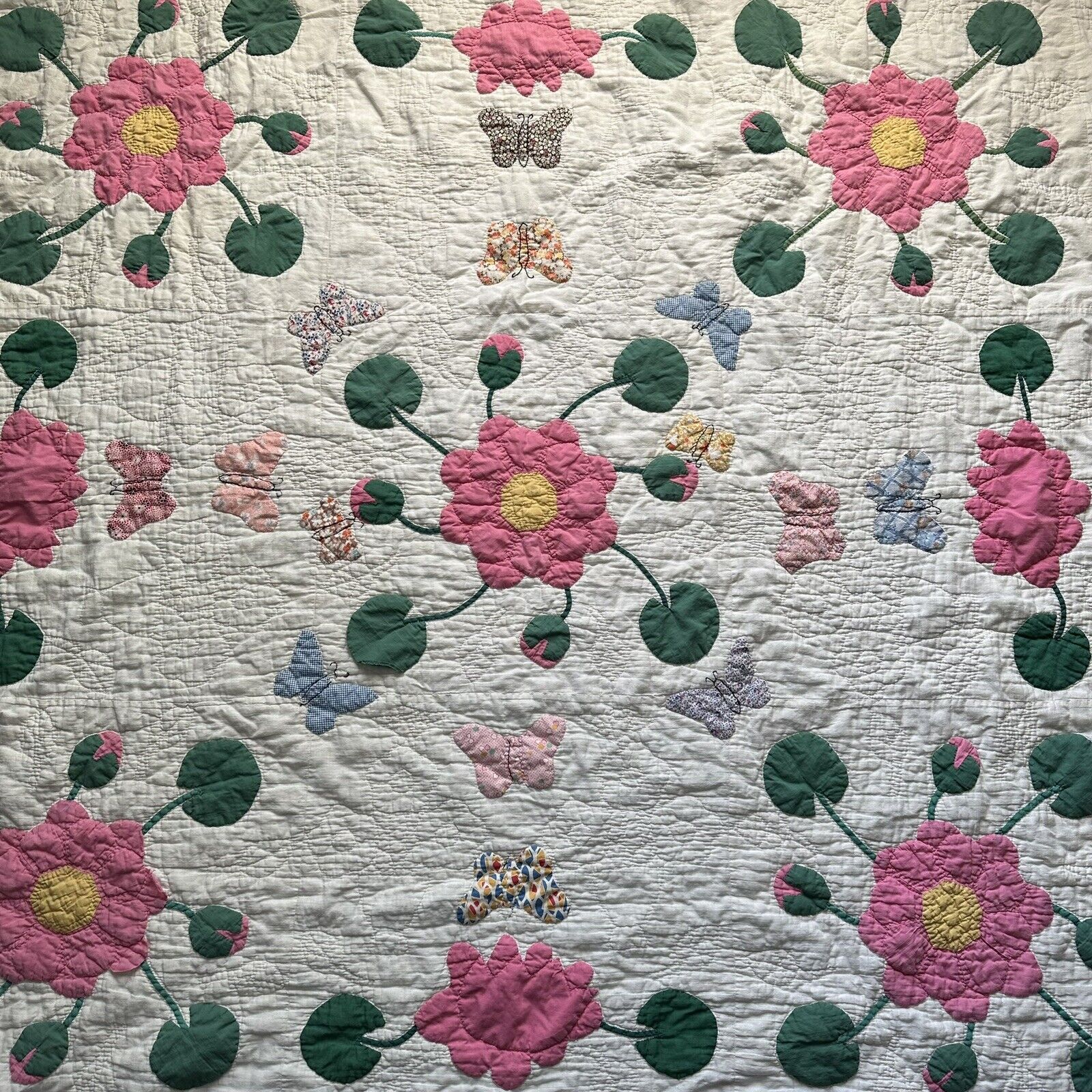 Vintage Butterfly & Rose of Sharon Appliqué Quilt Feed Sack Hand Sewn 69” X 78”