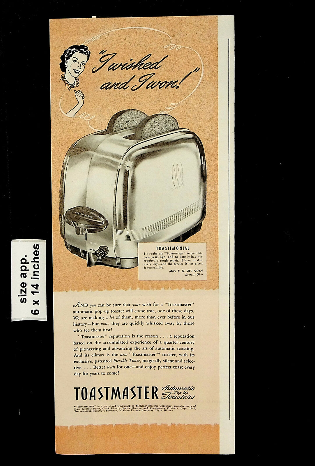 1946 Toastmaster Automatic Toaster Toast Woman Home Popup Vintage Print Ad 23997