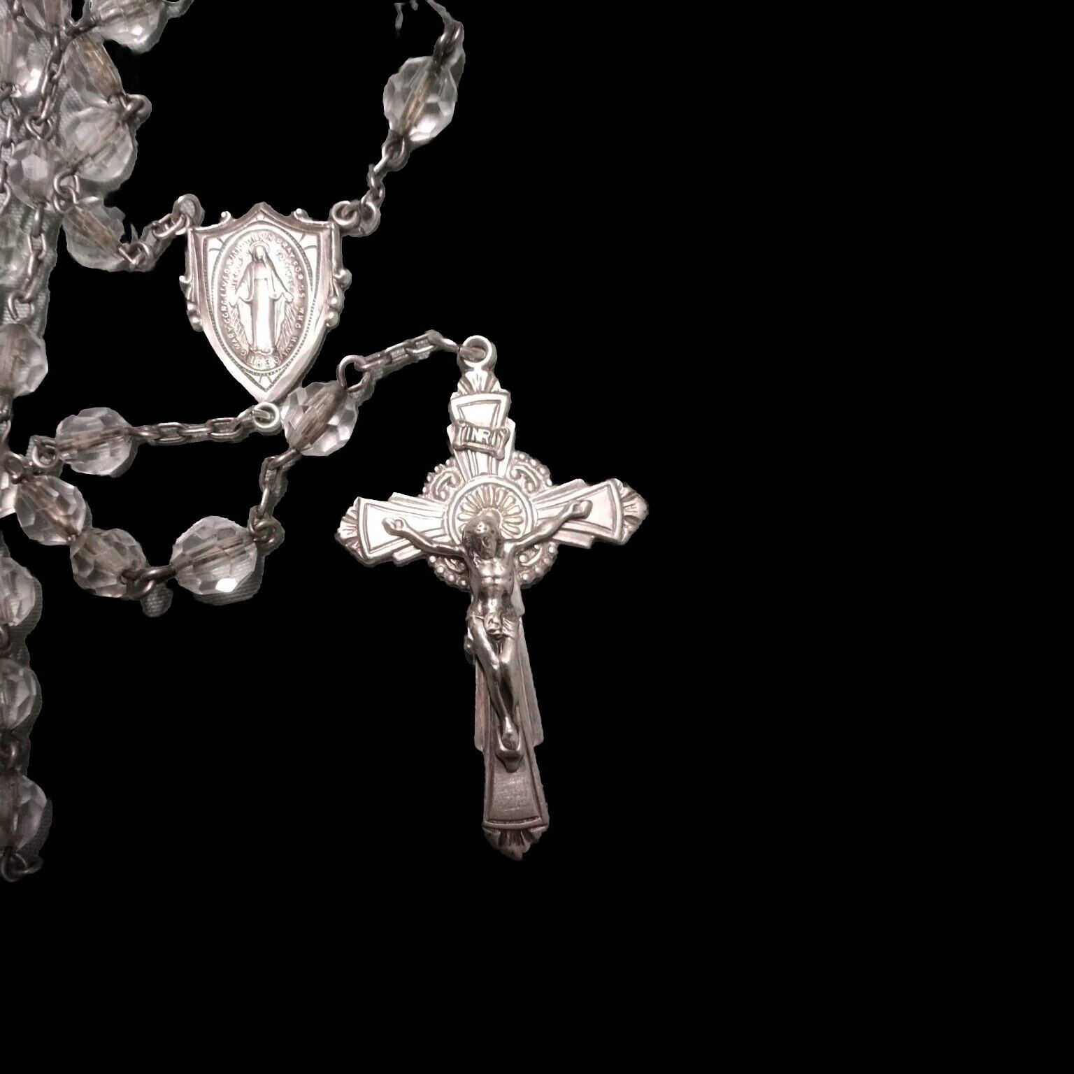 VTG 1940\'S Diroma Clear Cut Crystal Sterling Silver Crucifix Rosary 21\