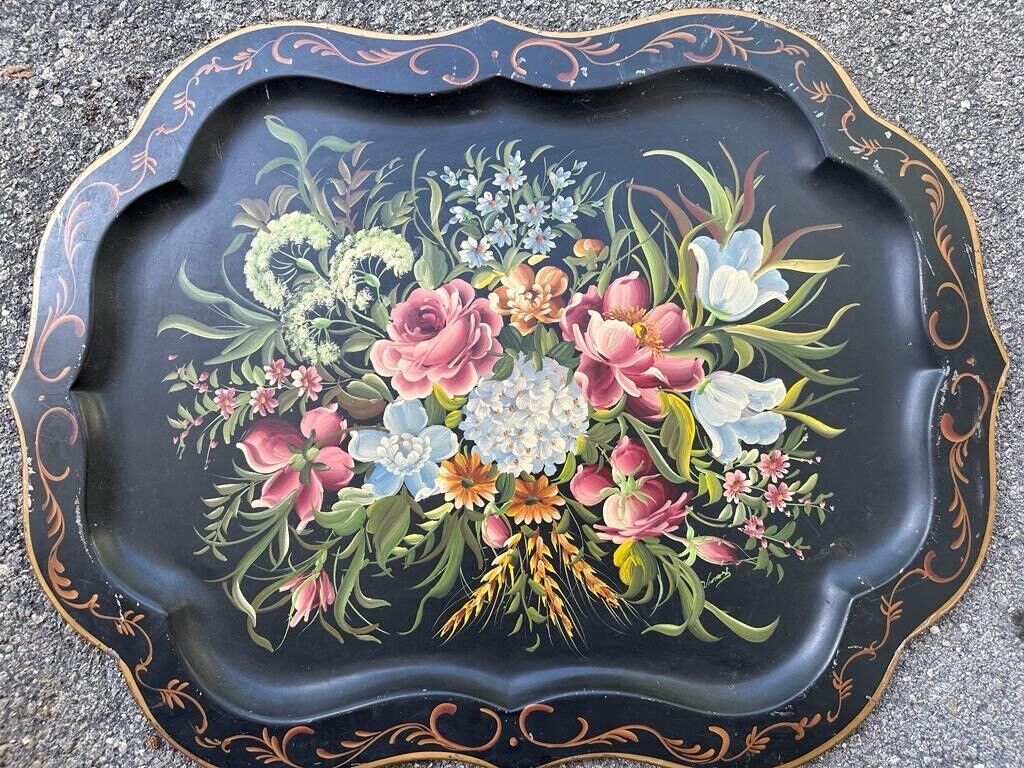 XLARGE Antique Tole Toleware French Hand Painted Gardenia Large Tray Pilgrim Art