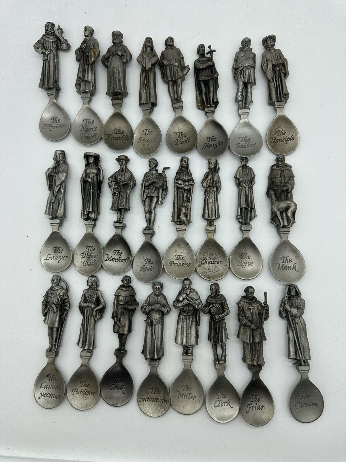 RARE ALL 24 FRANKLIN MINT CANTERBURY TALES SPOON COLLECTION SET PEWTER FIGURES