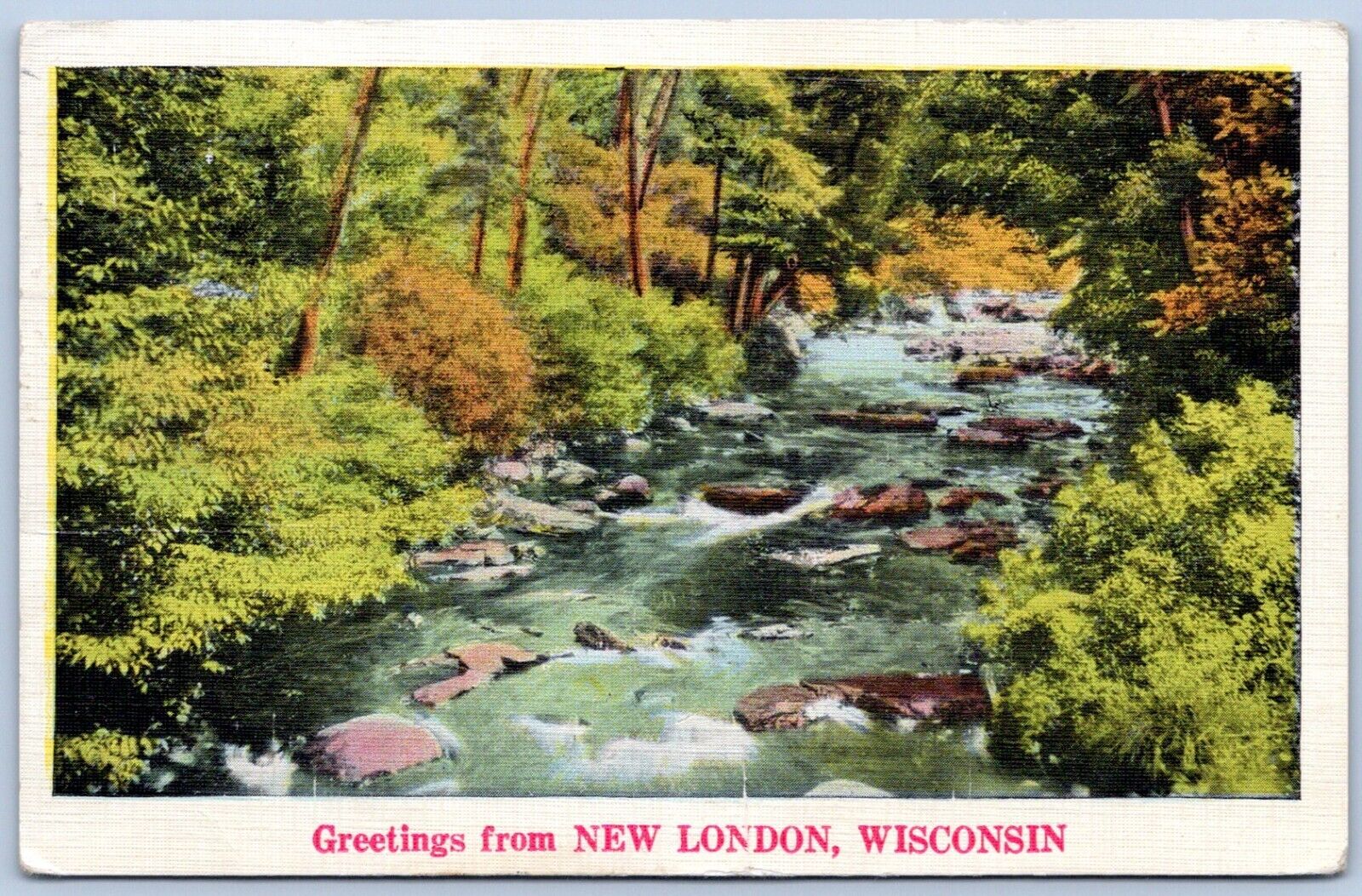 Postcard WI Wisconsin Greetings From New London Stream River Waupaca County B67