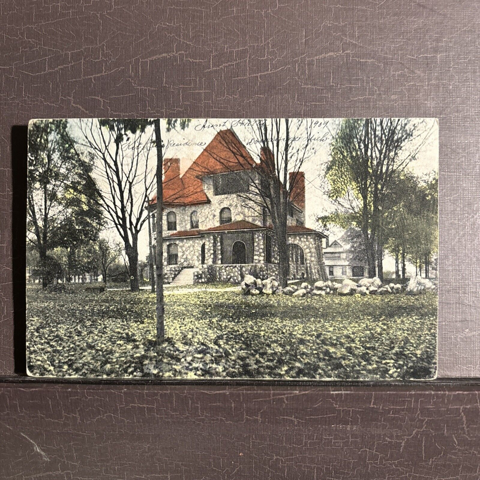 Early view of Lee Stone Castle Mansion Dowagiac Michigan MI Postcard 1909 post