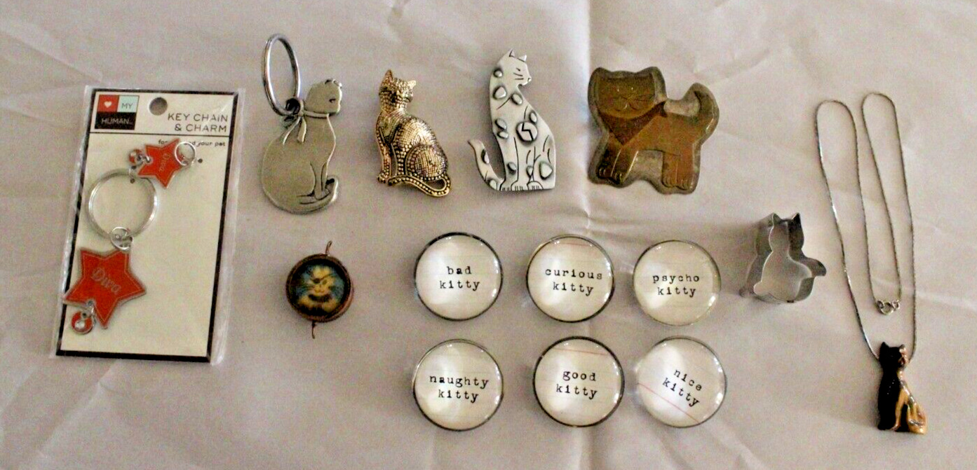 Cat Kitty Feline Lovers Lot Keychains, Magnets, Cookie Cutter, Pins & Pendant