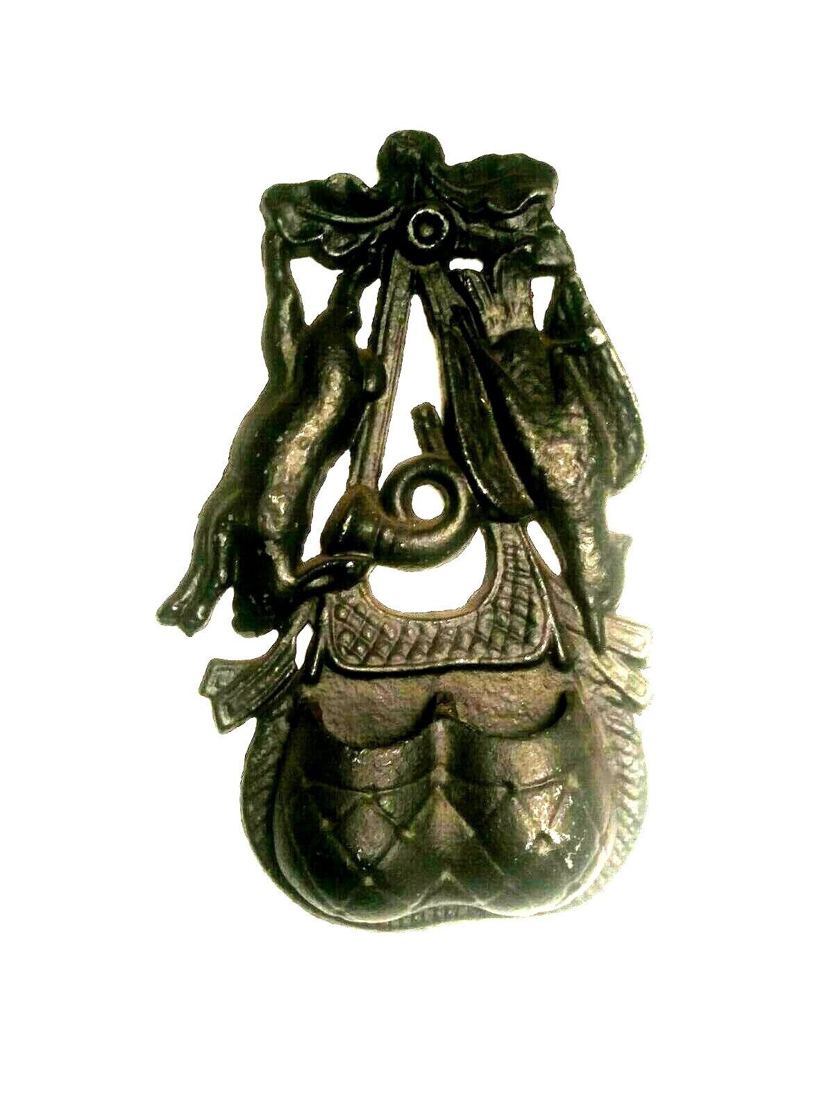 Antique Cast Iron Fireplace Figural Match Holder Safe 2 Well Rabbit Bird Horn