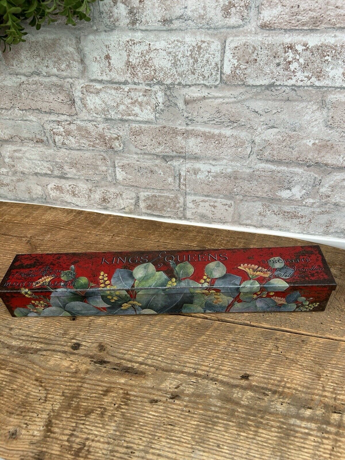Vintage Long Red Metal Toolbox with Floral and Text
