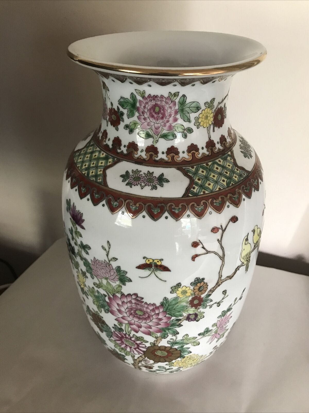 Beautiful Vintage Chinese Buterfly Flower Accent Vase 12 5/8”