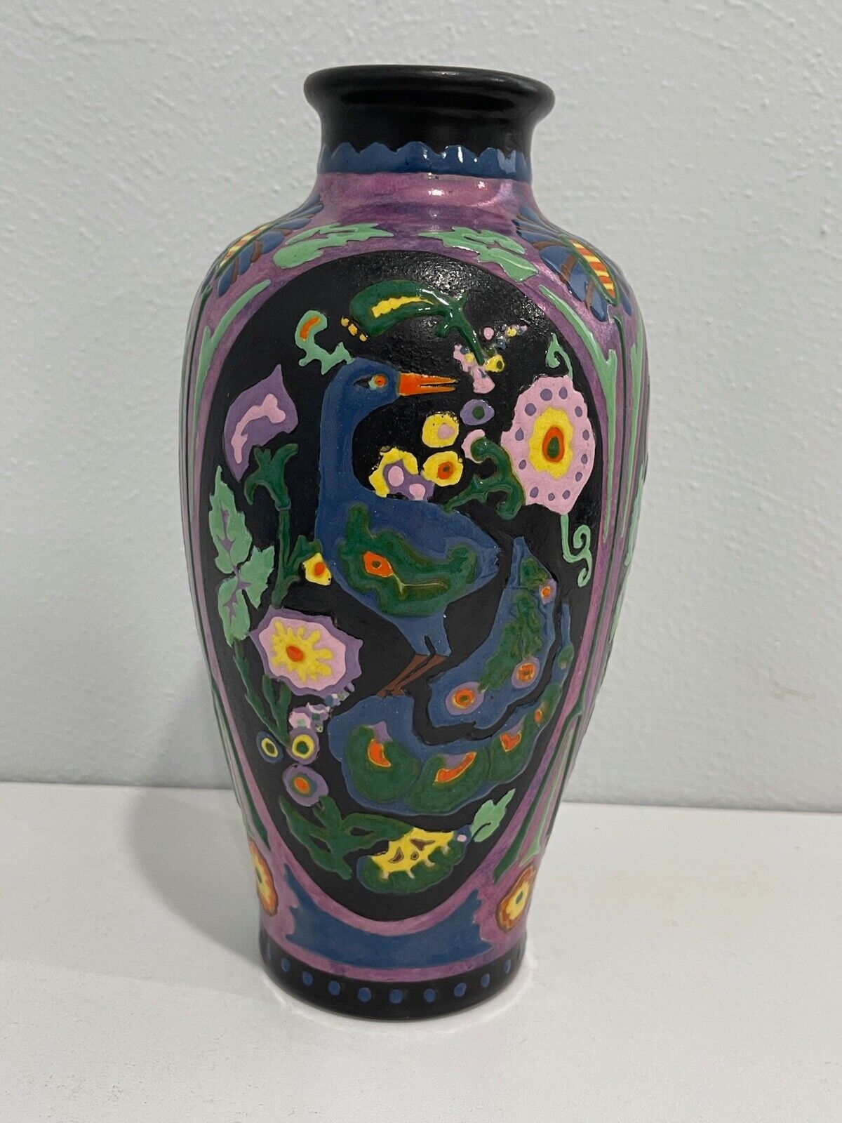 Antique Chinese or Japanese Art Deco Ceramic Vase w/ Birds & Flowers Decoration