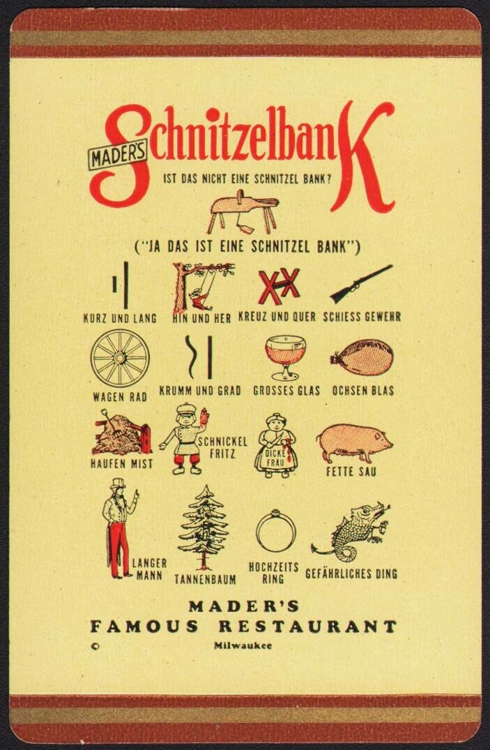 Vintage playing card MADERS SCHNITZELBANK famous restaurant Milwaukee Wisconsin