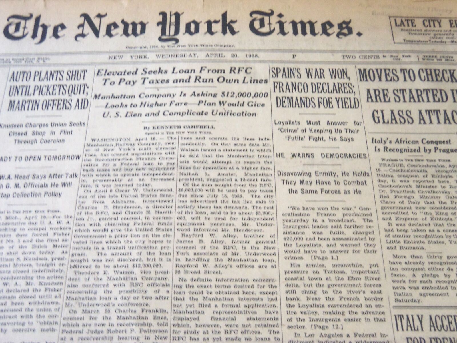 1938 APRIL 20 NEW YORK TIMES - SPAIN\'S WAR WON FRANCO DECLARES - NT 6272