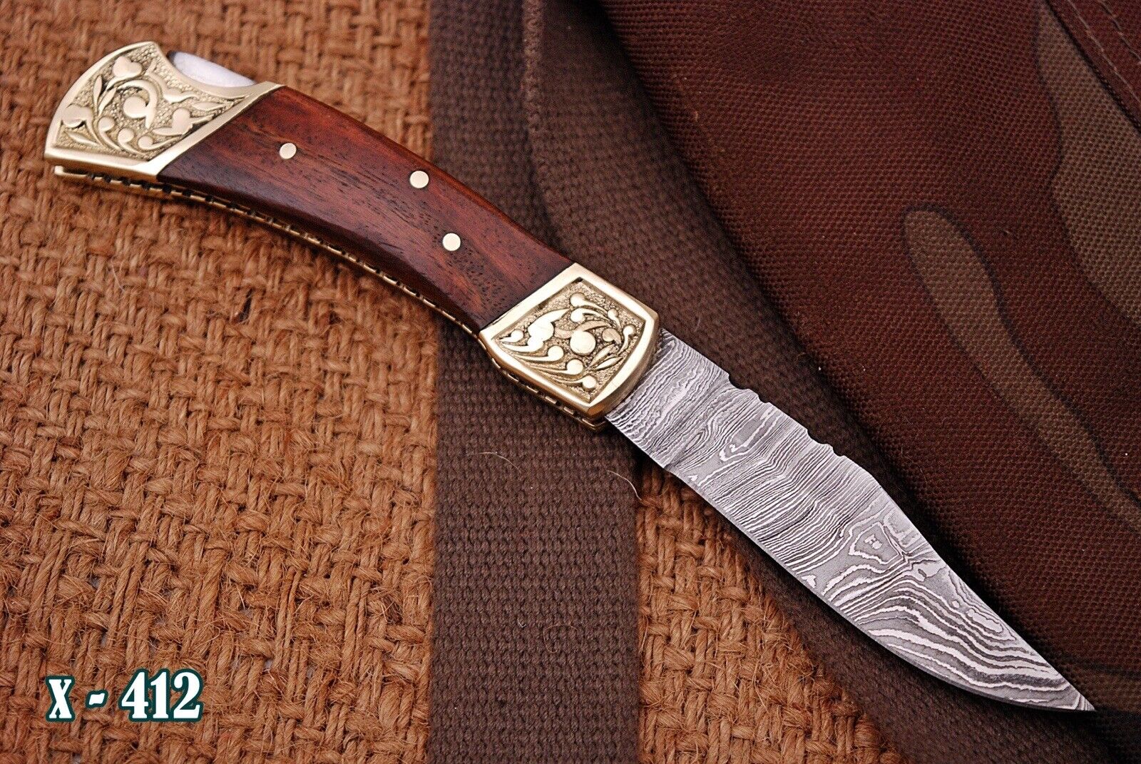 Vintage handmade Damascus Steel Hunting Pocket Knife Wood Handle Engraved Brass