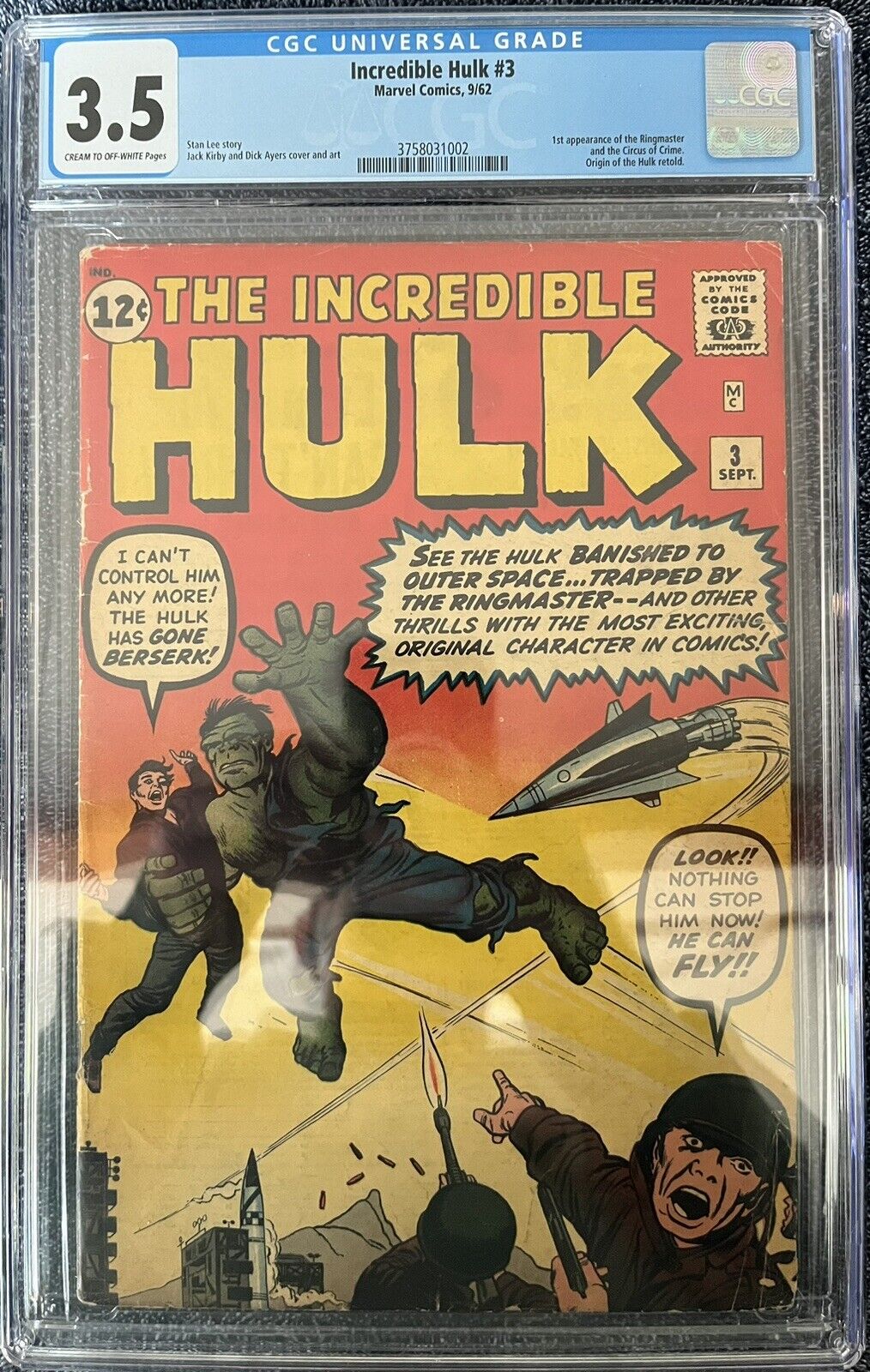 Incredible Hulk #3 CGC 3.5   (Sept. 1962) 1st Appearance of the Ringmaster KEY 