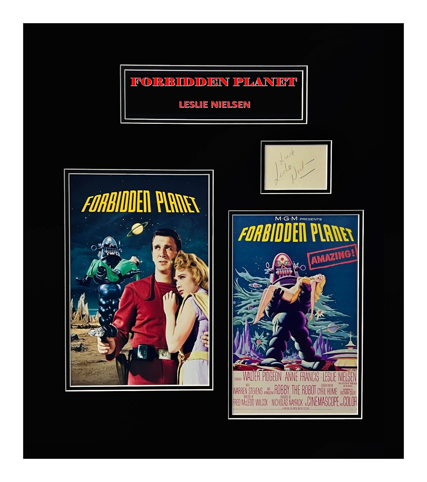 Leslie Nielsen Autograph-Forbidden Planet comes Museum Framed Ready to Display