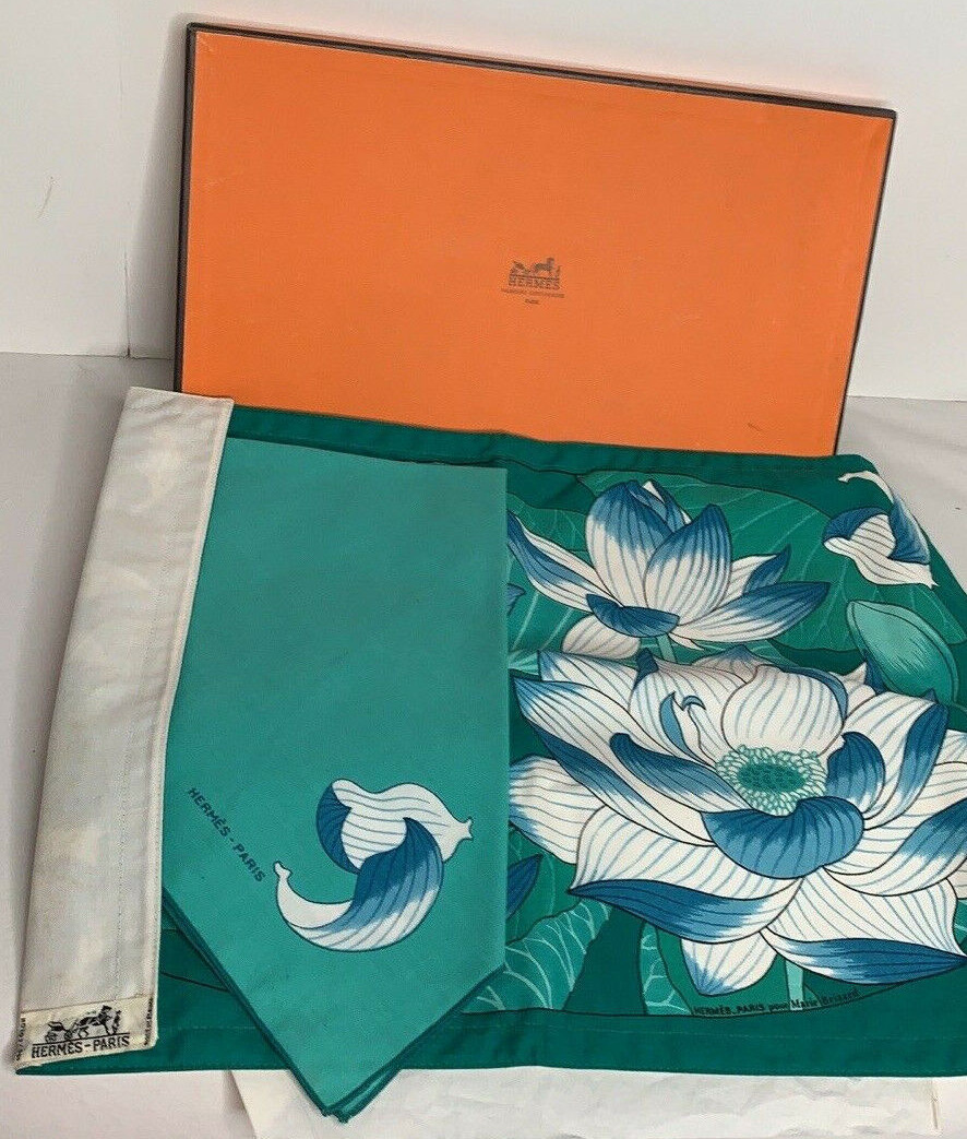 Hermes Placemats Napkins Vintage Set Green Blue Floral Original Box Imperfect