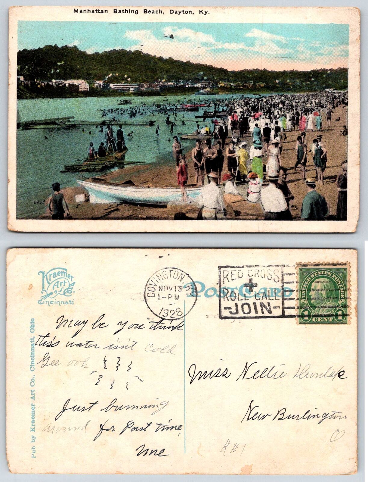 Dayton Kentucky MANHATTAN BATHING BEACH ON OHIO RIVER 1928 Postcard N123