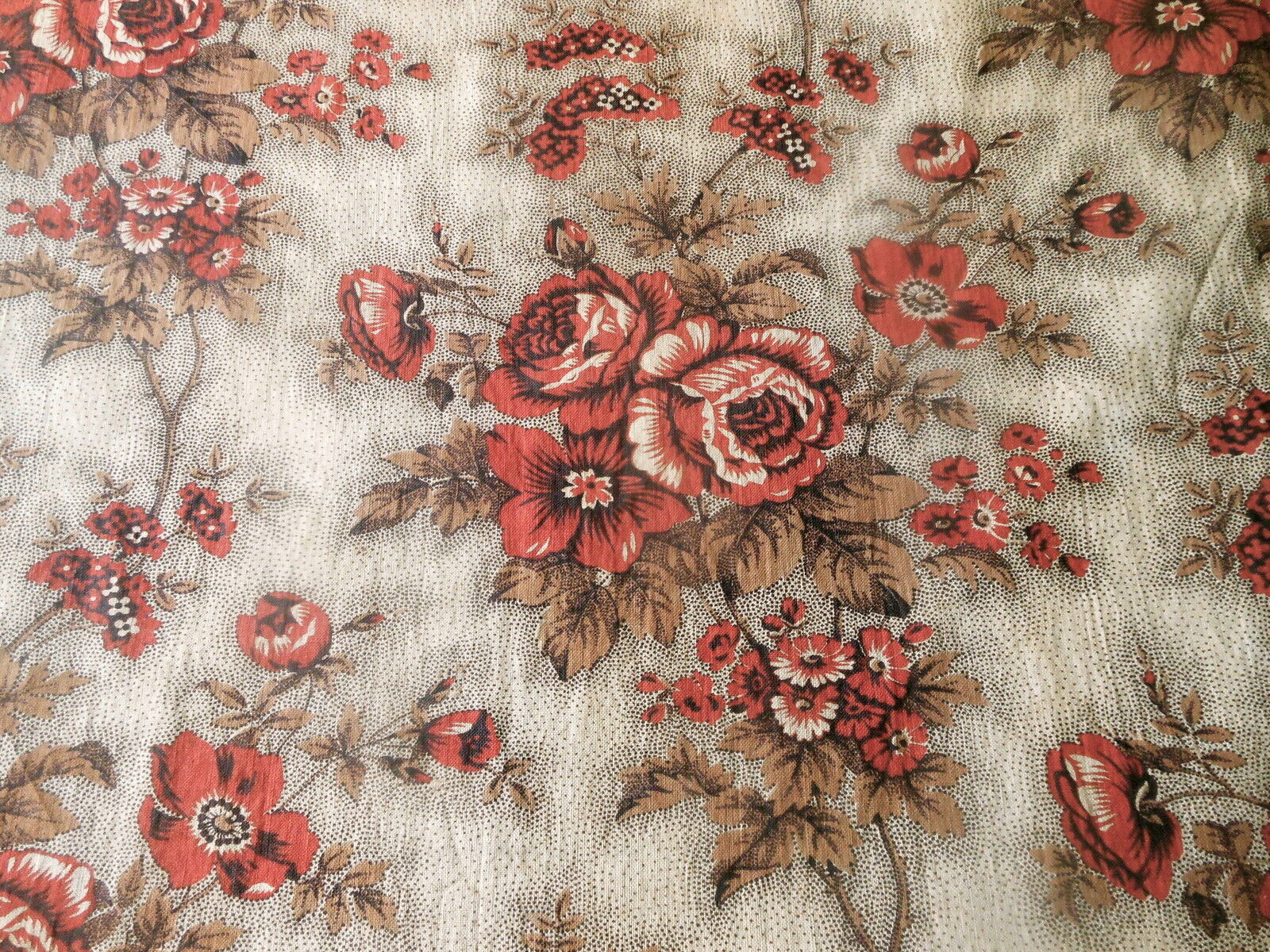 Antique 19thc French Picotage Roses Cotton Fabric ~  Rich Rust Coral Red Brown