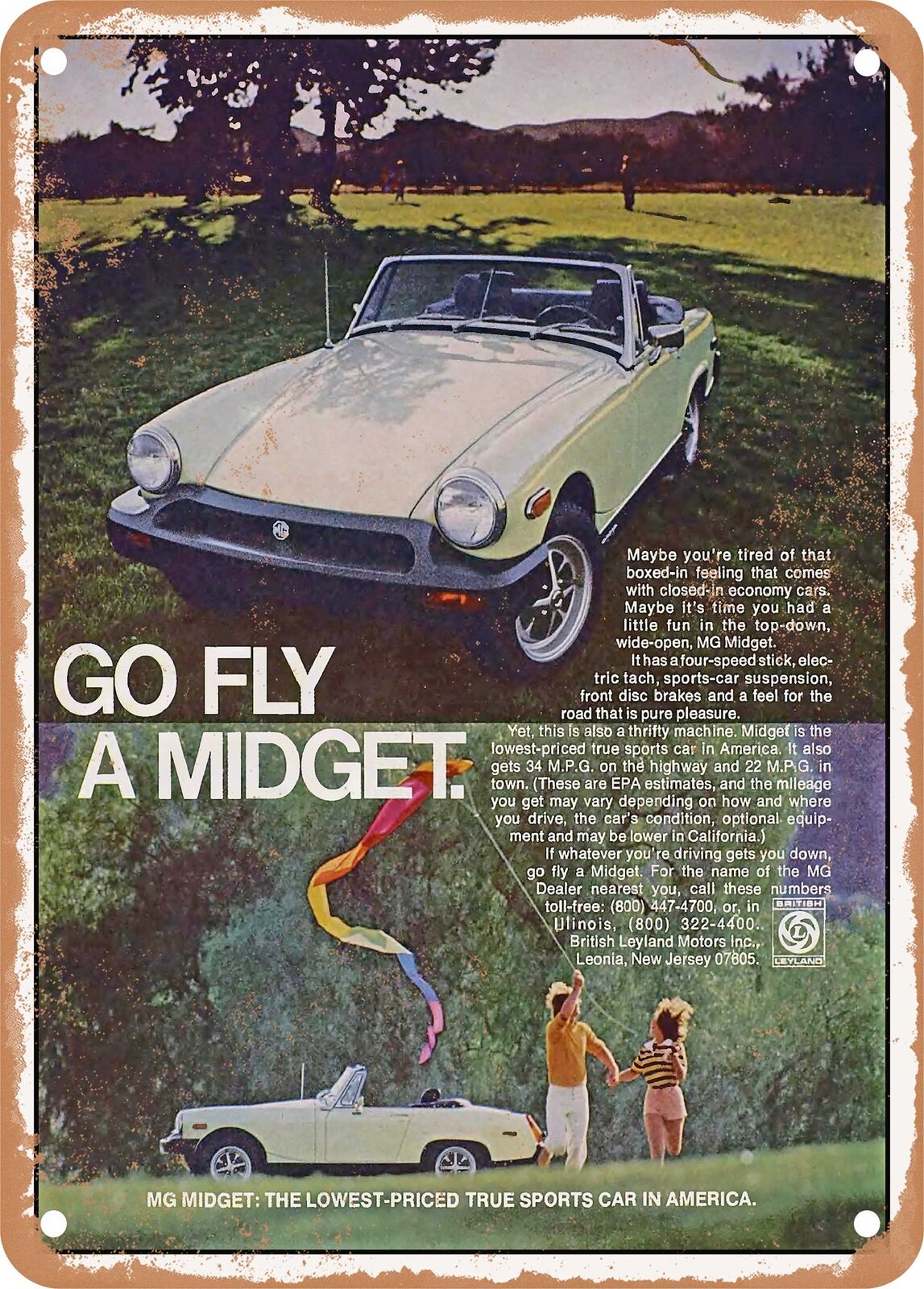 METAL SIGN - 1977 MG Midget Go Fly a Midget Vintage Ad