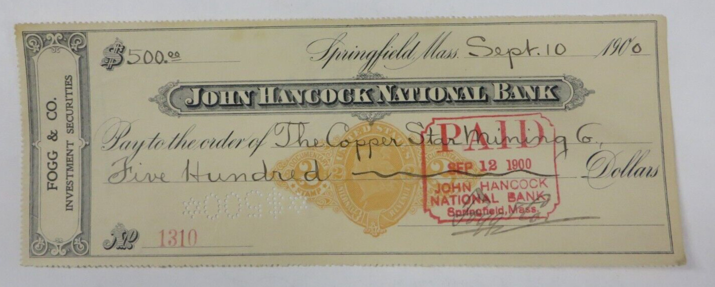 Antique 1900 Cancelled Check SPRINGFIELD, MASSACHUSETTS John Hancock Bank Vtg