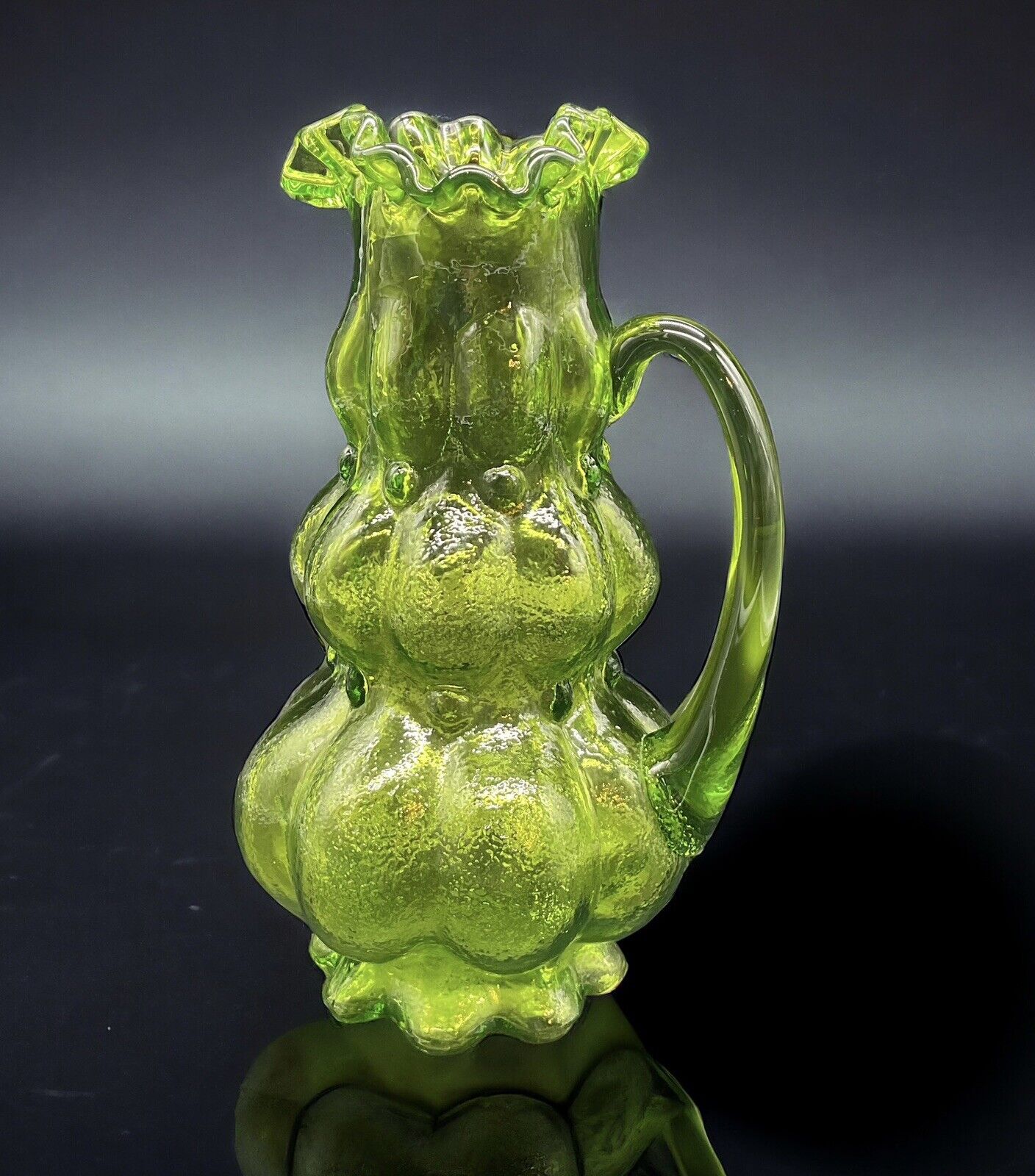 Vintage Green Art Glass Pitcher Textured Bubble Rings 9” Glows