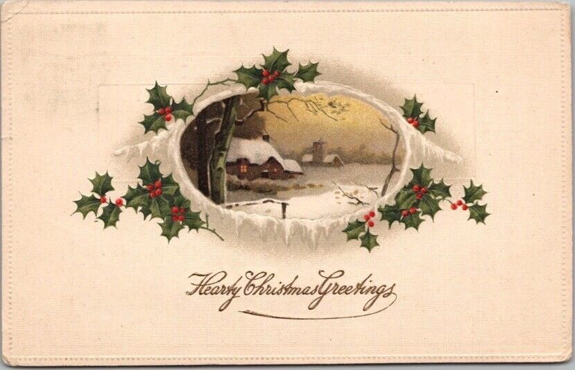 Vintage HEARTY CHRISTMAS GREETINGS Postcard - Winter Scene / Holly - 1913 Cancel