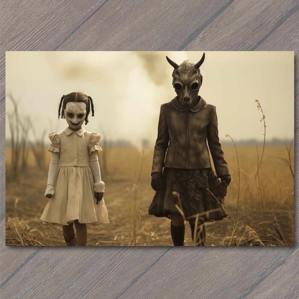POSTCARD Bad Kids Weird Creepy Vibe Girls Wild Masks Cult Strange Unusual Field