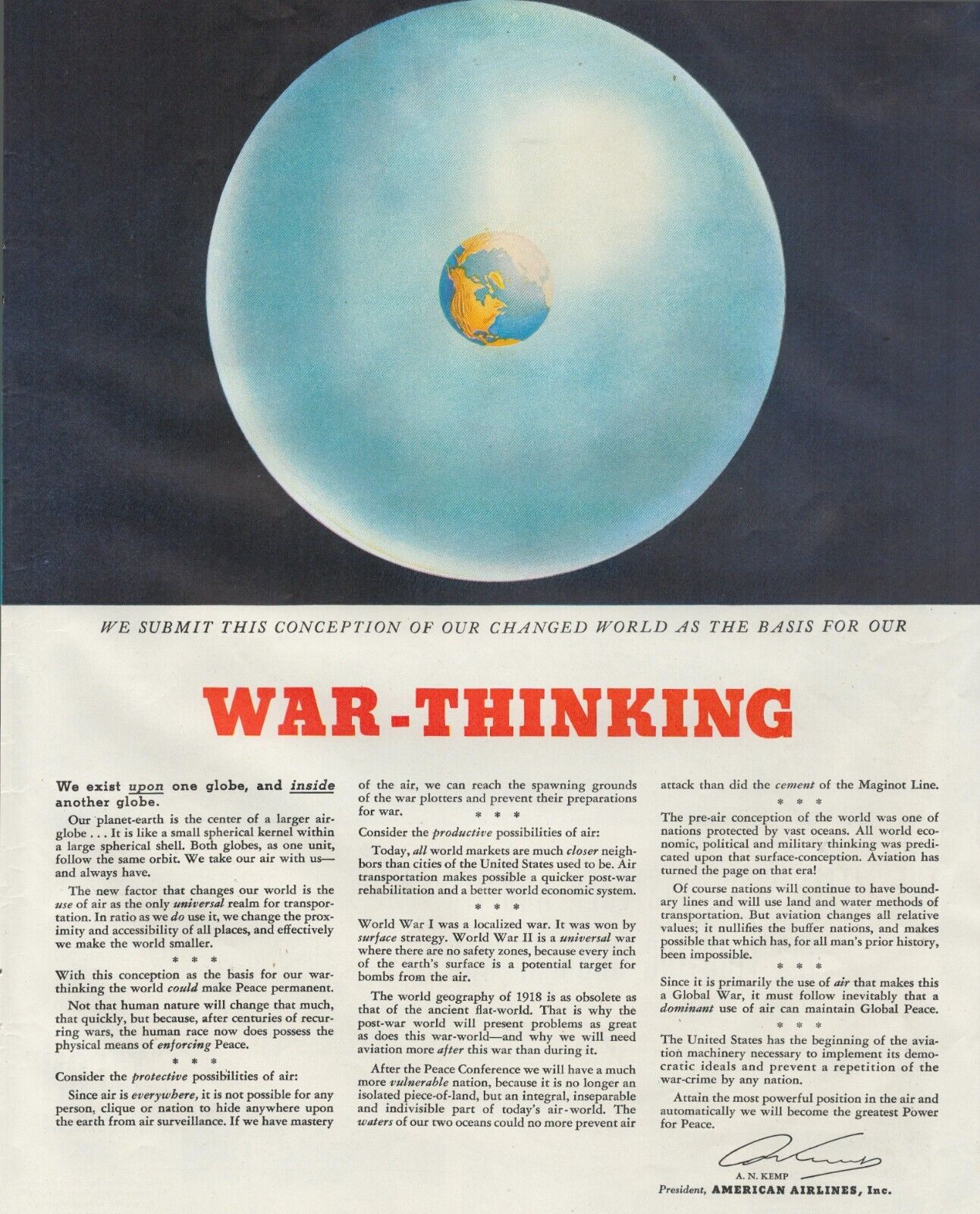 1943 American Airlines Conception Changed World War Thinking Vtg Print Ad L25