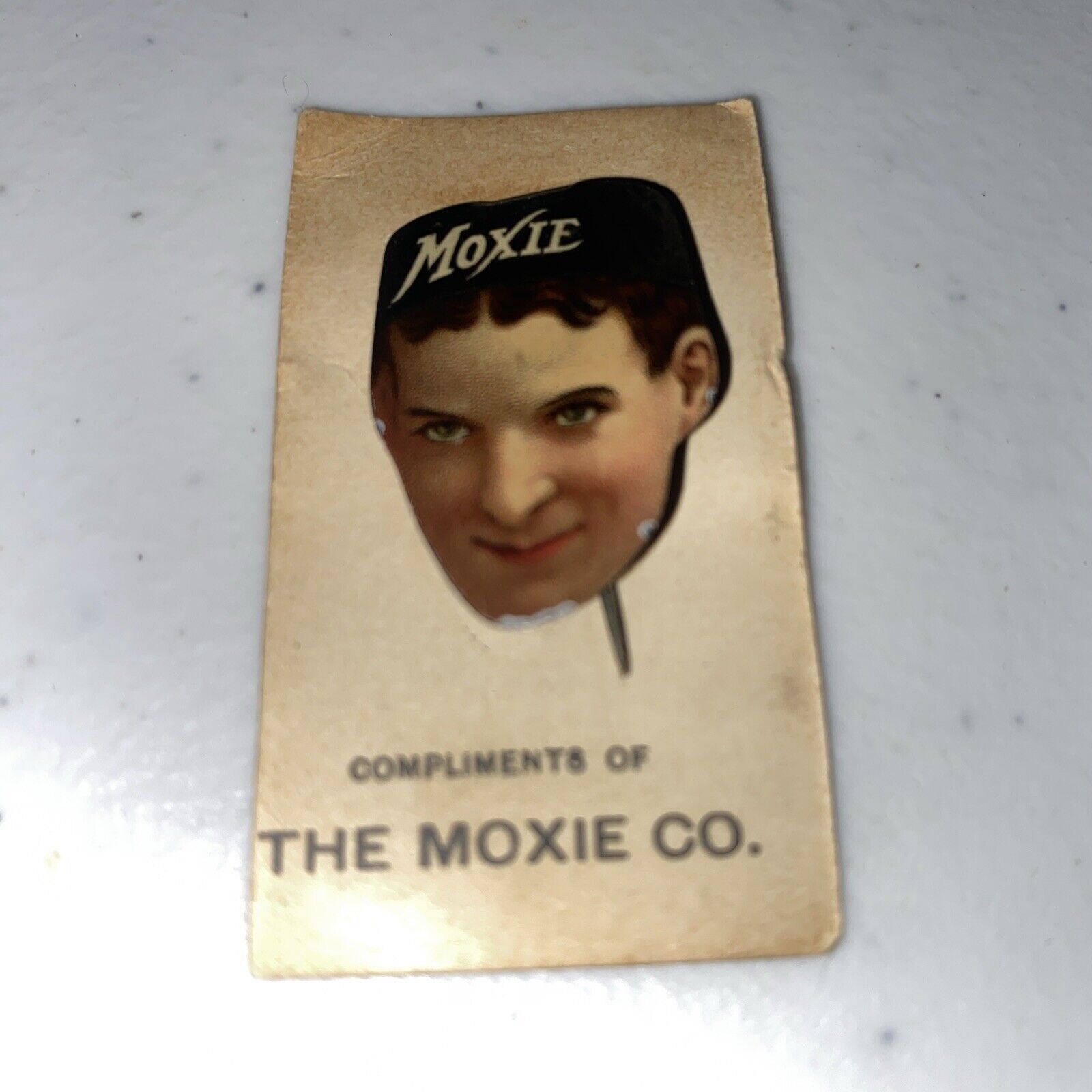 RARE Antique Early 1900s Advertising MOXIE Soda Boy with Cap Lapel Pin & Tag