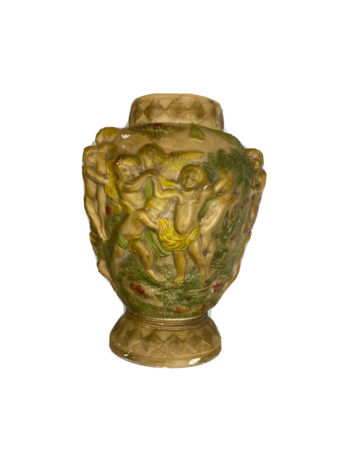 Vintage Pottery Stoneware Vase Ornate Figural Cherubs Angels Putti Signed WOW