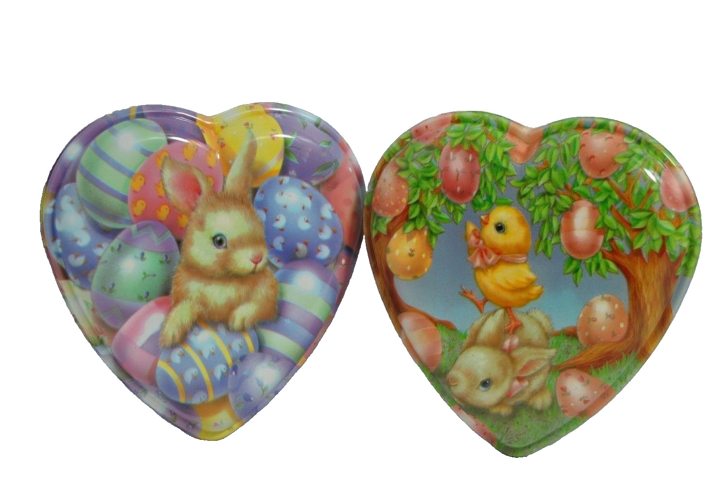 Lot of 2 Ullman Co. Heart Shape Easter Plastic Containers Bunny & Chicks 