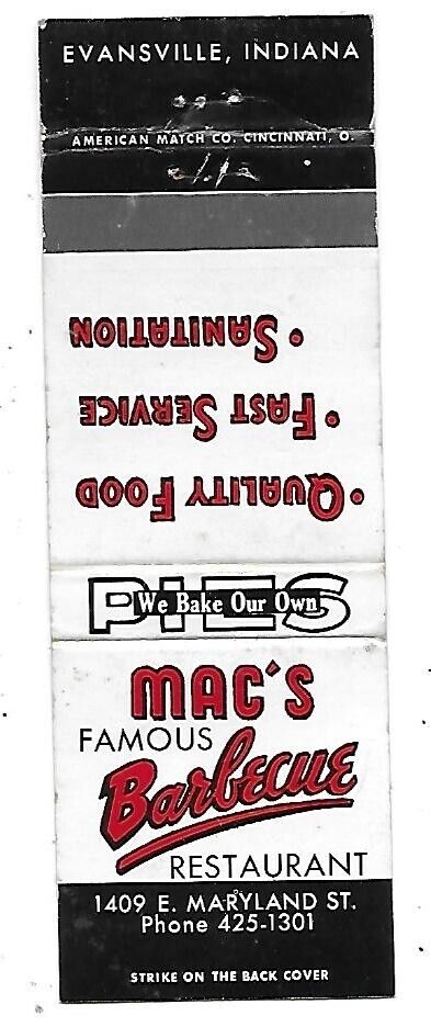 Mac\'s Famous Barbecue Restaurant-Evansville, Indiana Vintage Matchbook Cover