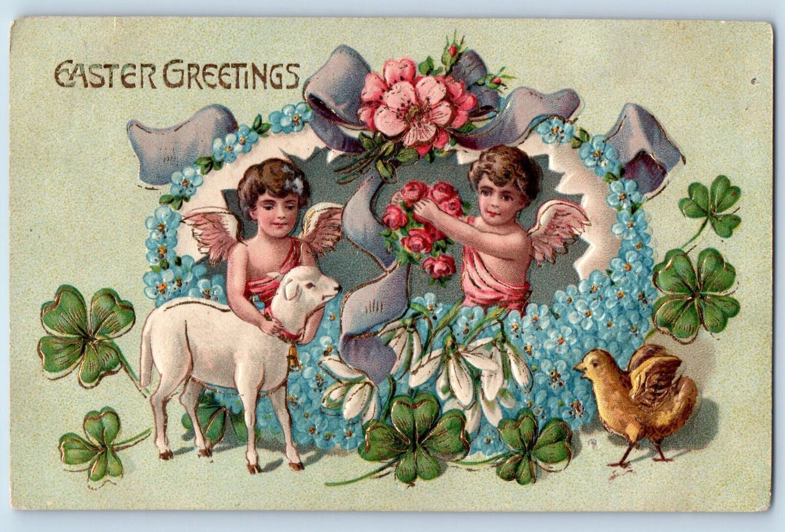 Waterford PA Postcard Easter Greetings Angels With Flowers Lamb Chick Flowers