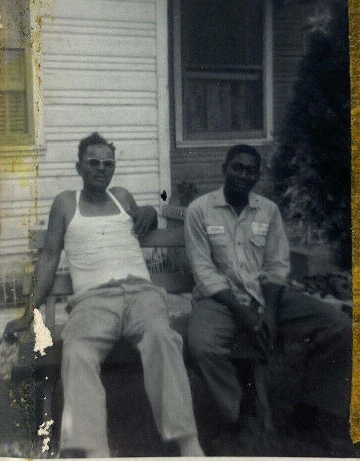 Two African American Men Sitting On Bench By House B&W Photograph 2 x 3.25