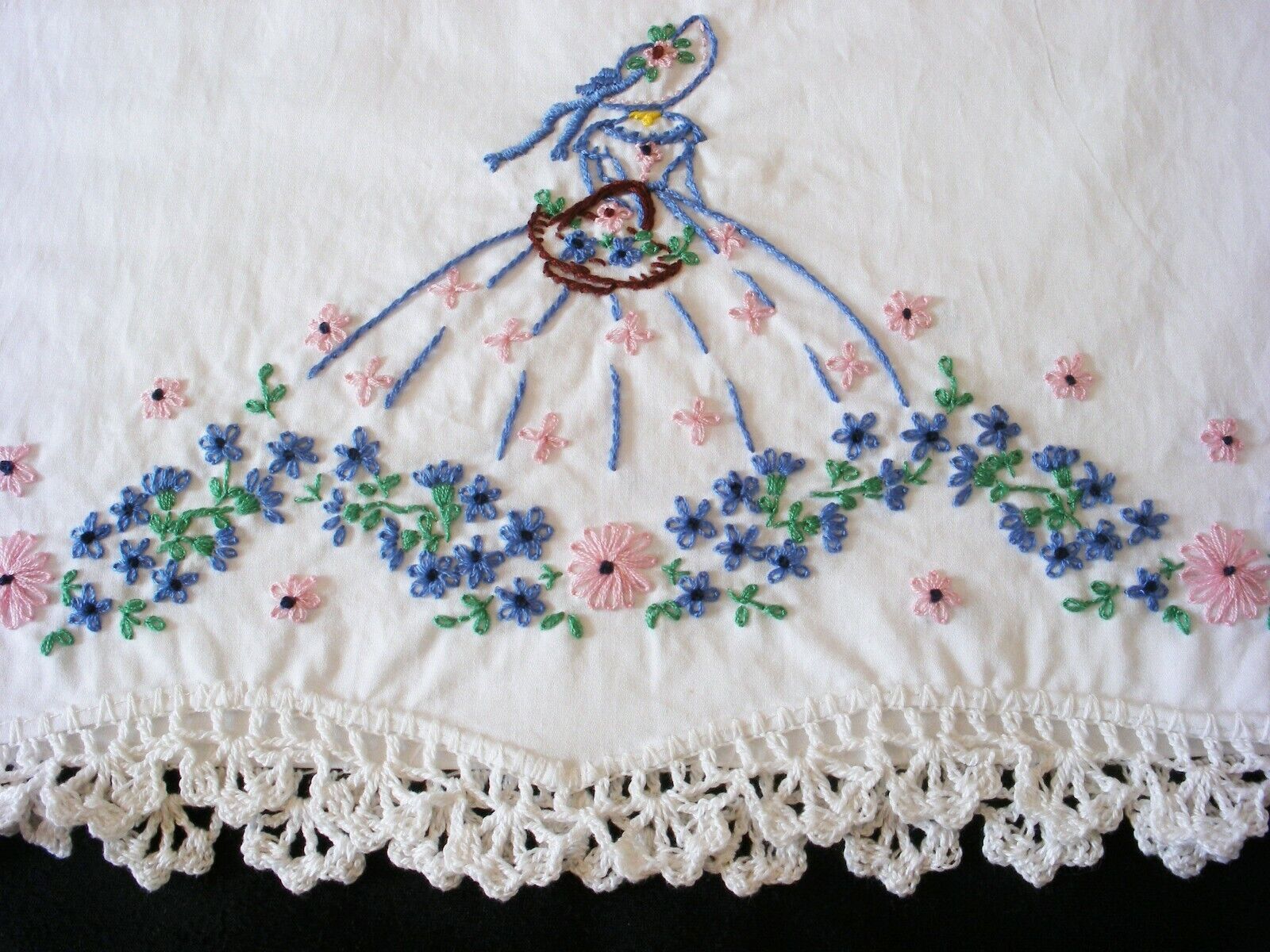 Hand Embroidered Crochet Pillow Case Southern Belle 100% Cotton Standard One