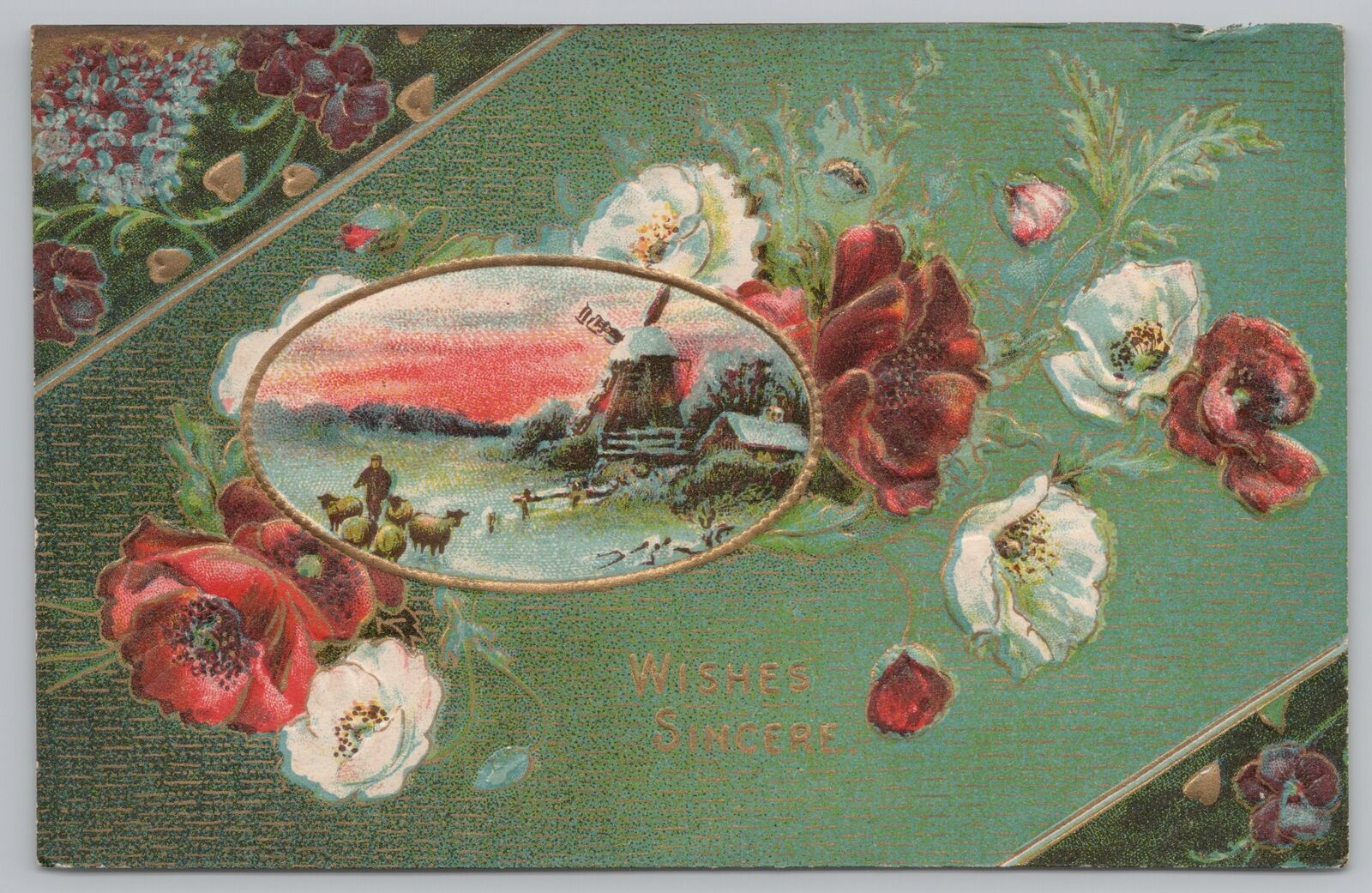 Greetings~Sincere Wishes~Sheep Herder by Windmill~Roses~Vintage Postcard