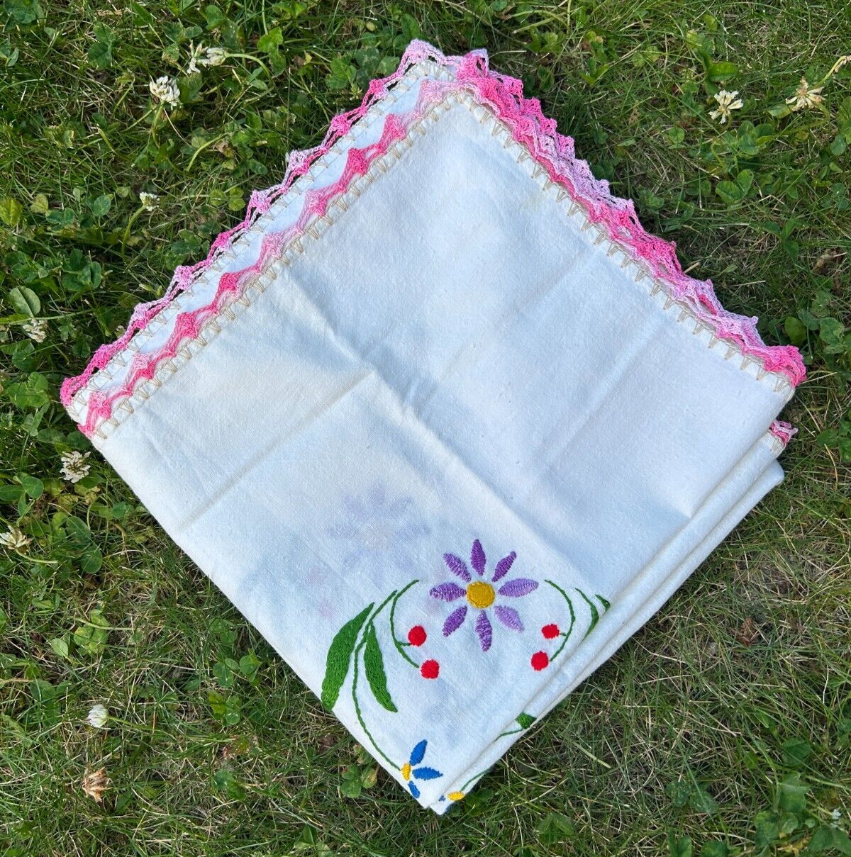Vintage Cotton Crochet Edged Embroidered Square Tablecloth Handmade Floral Pink