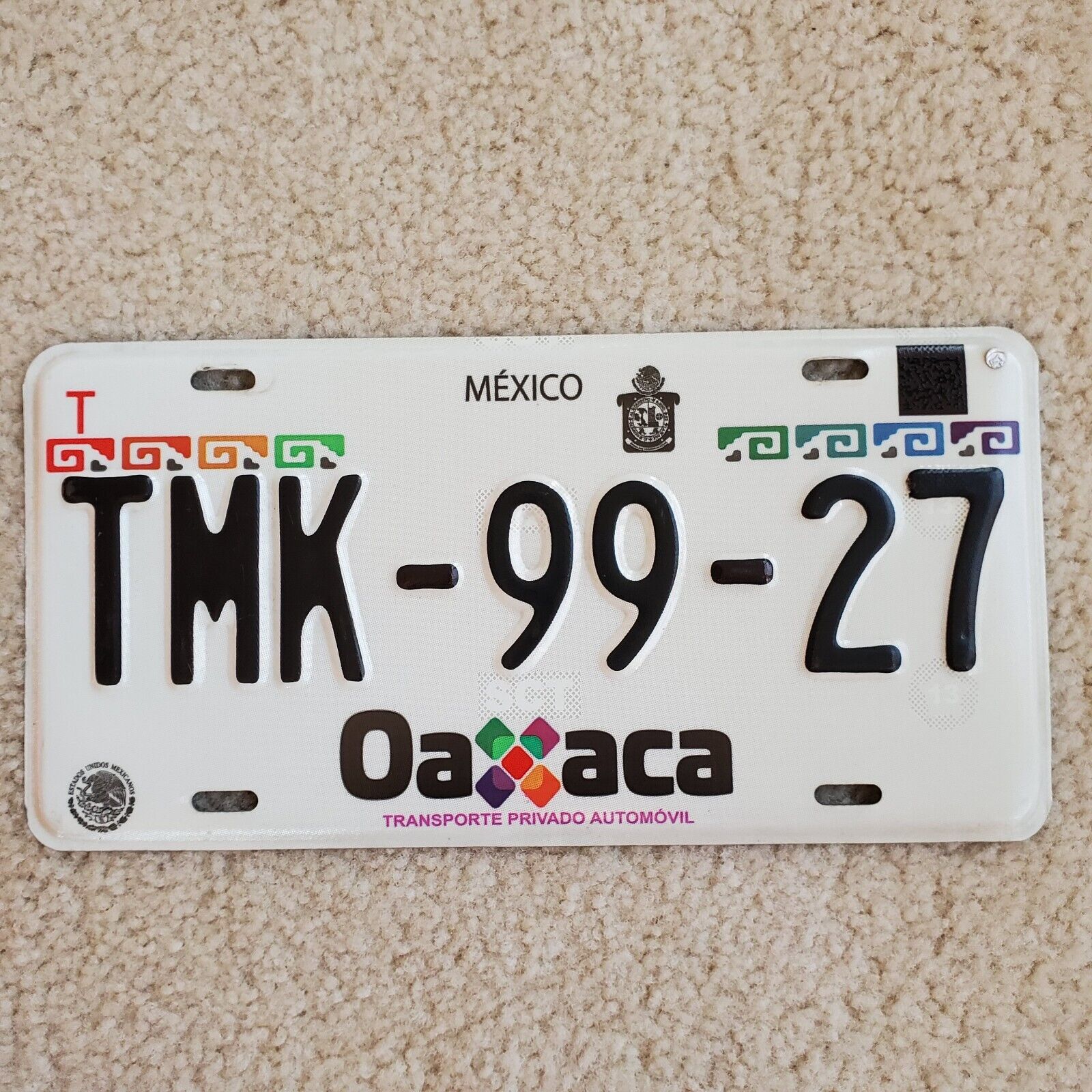 Oaxaca Mexico License Plate TMK-99-27 MINT CONDITION Rear Plate 