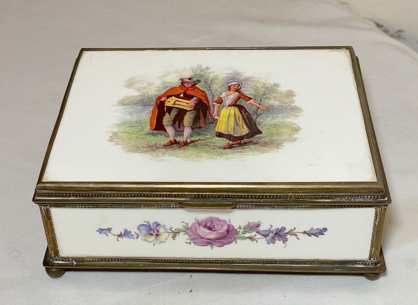 antique 19th century hand painted porcelain bronze French Faience jewelry Box