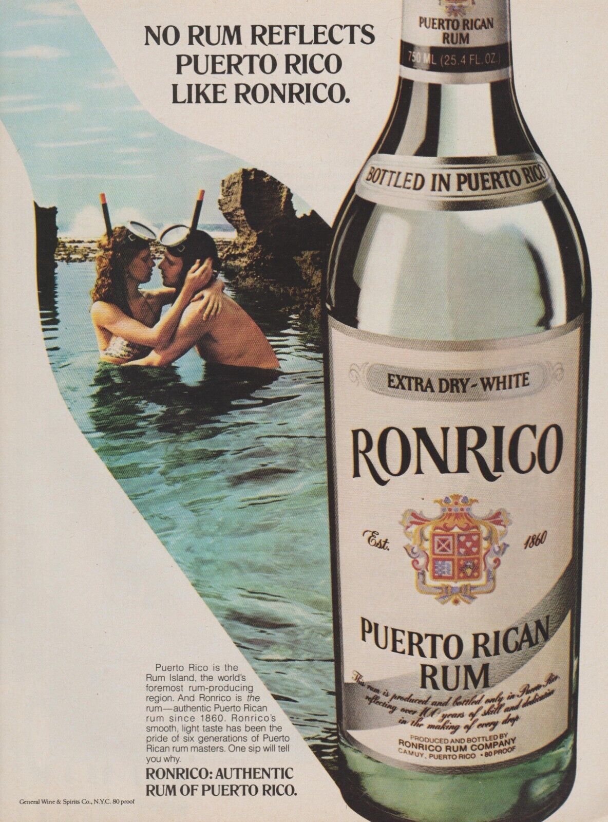 1979 Ronrico Rum - Snorkeling Skin-Diving Freediving Couple Kiss- Print Ad Photo