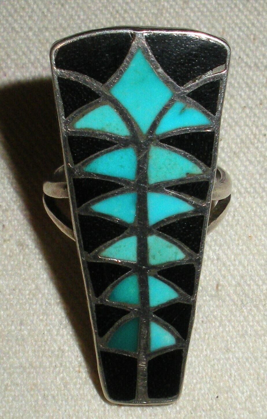 VINTAGE NAVAJO TURQUOISE & JET INLAY STERLING SILVER RING SIZE 7 vafo
