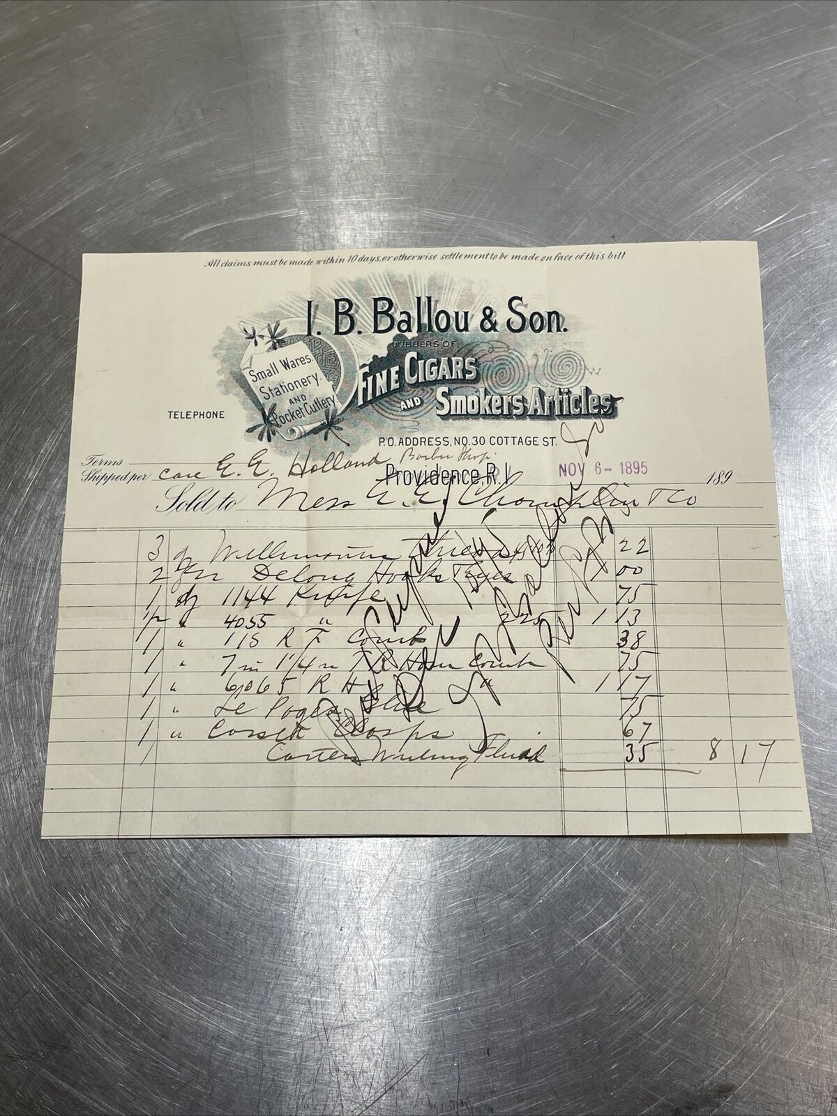 1895 billhead Ephemera I.B. Ballou & Son Fine Cigars & Smokers Articles 1 Total