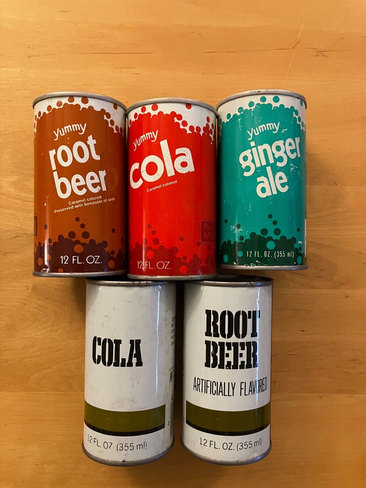 Lot of 5 Generic & Yummy Soda empty cans from Jewel Cola, Root Beer, Ginger Ale